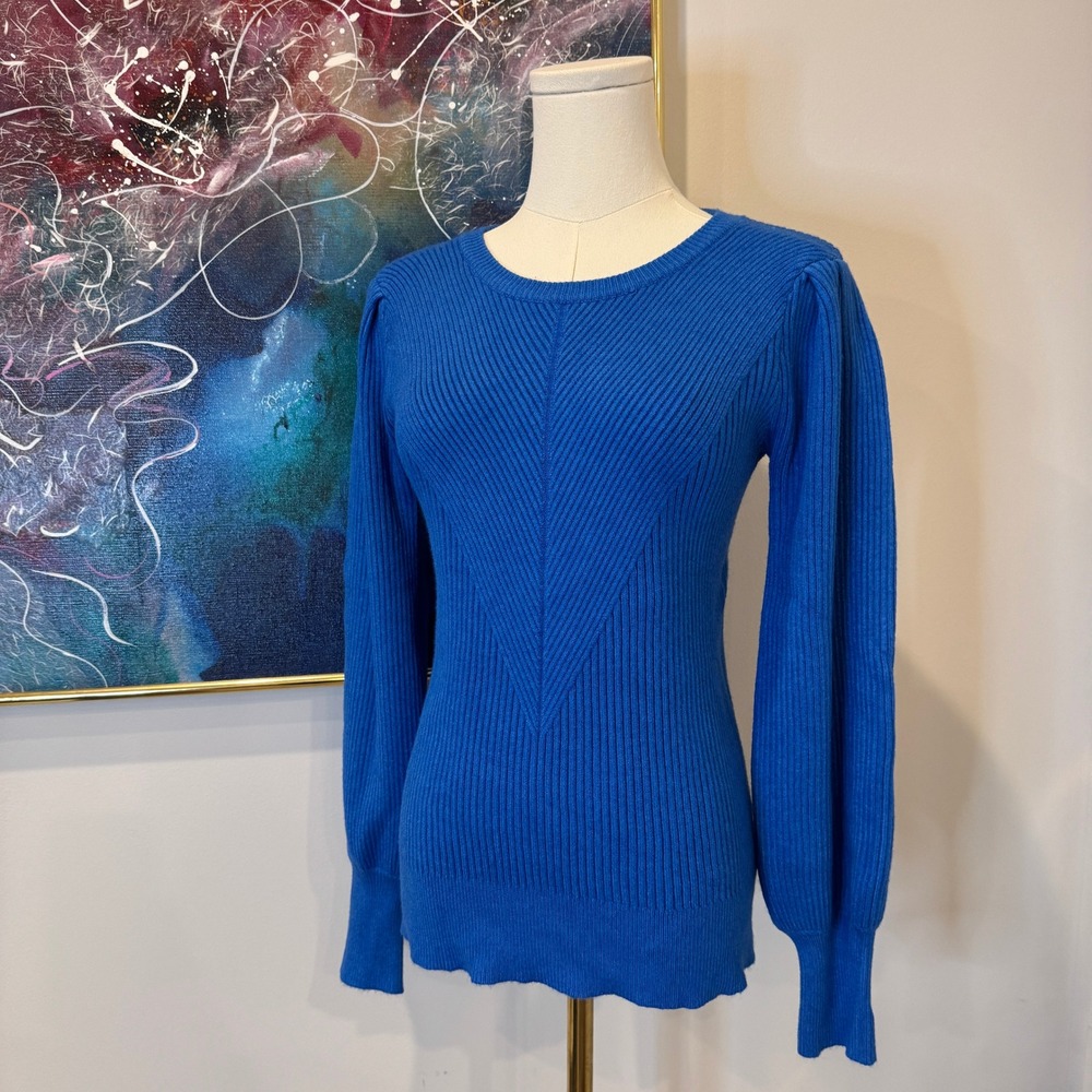 &merci Royal Blue Ribbed Chevron Puff Sleeve Cotton Sweater Small NWT